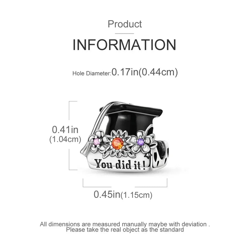 925 Sterling Silver Charms Bachelor's Cap Graduate Beads Pendant Fit Original Bracelet DIY Bead Gift for Graduation Ceremony