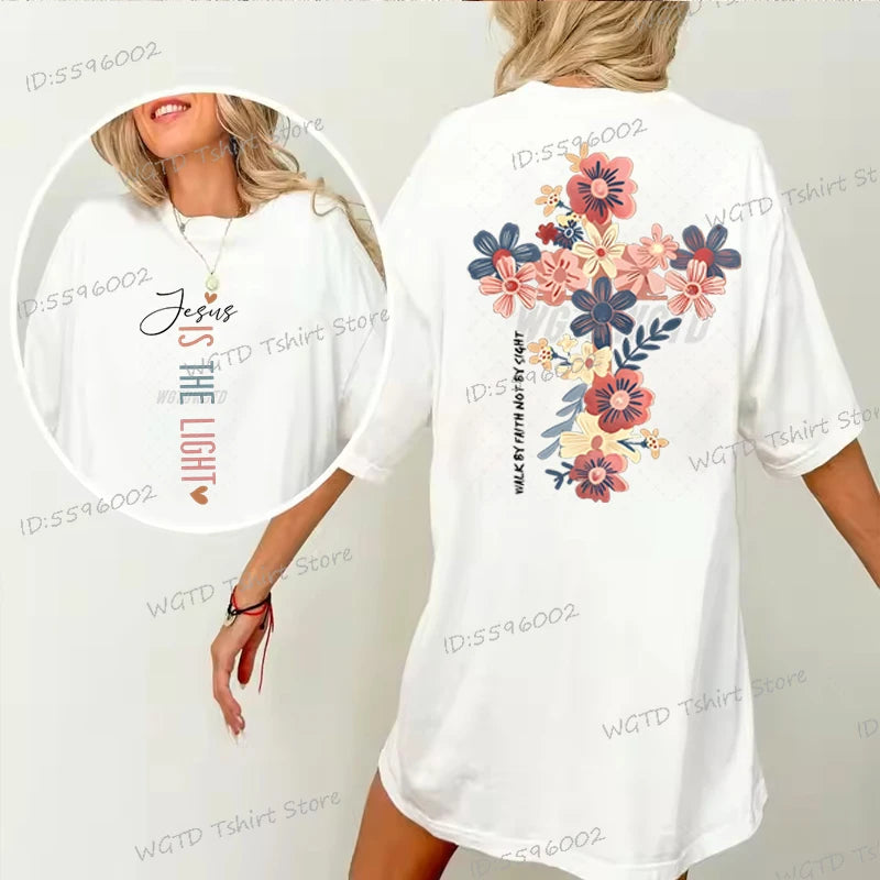 Jesus Is The Light Christian T Shirt Inspirational Floral Cross Vintage T Shirts Women Gift for Christian Religious T Shirts
