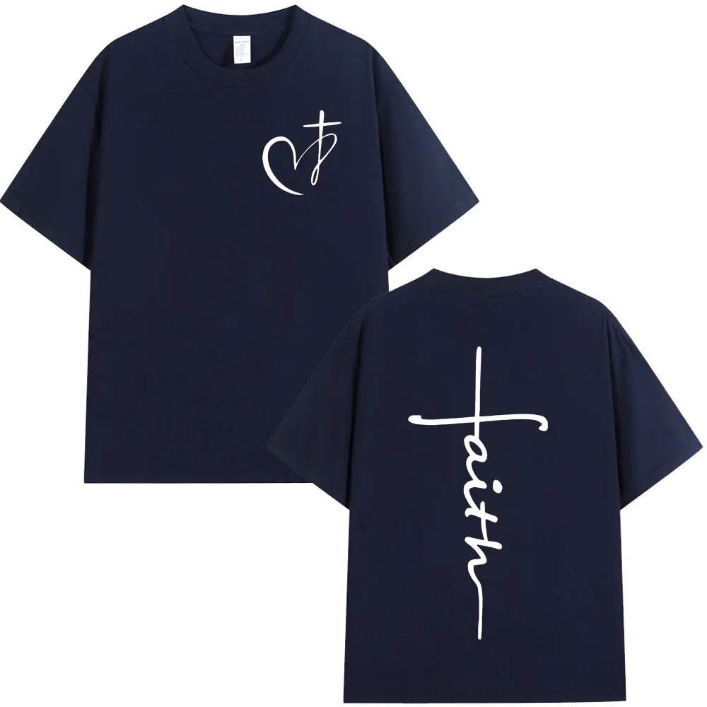 Heart Cross Christian Jesus Print T Shirt Fashion Hip Hop Street Short Sleeve T-shirts Men Women High Quality Cotton T-shirt Top