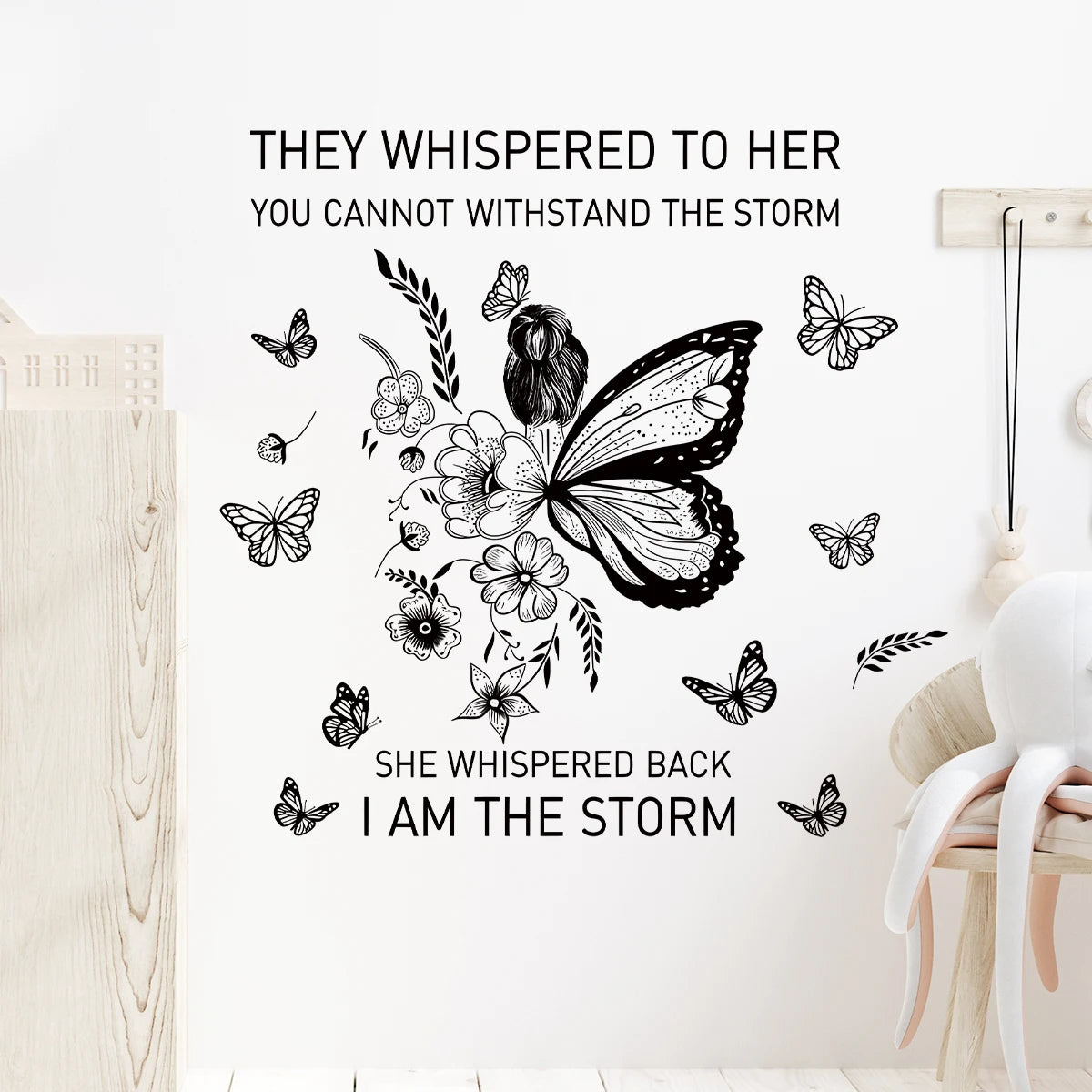 Inspirational Phrases”I Am The Storm..“Flower Vine Butterfly Art Wall Stickers for Bedroom Living Room Decoration Wall Decals
