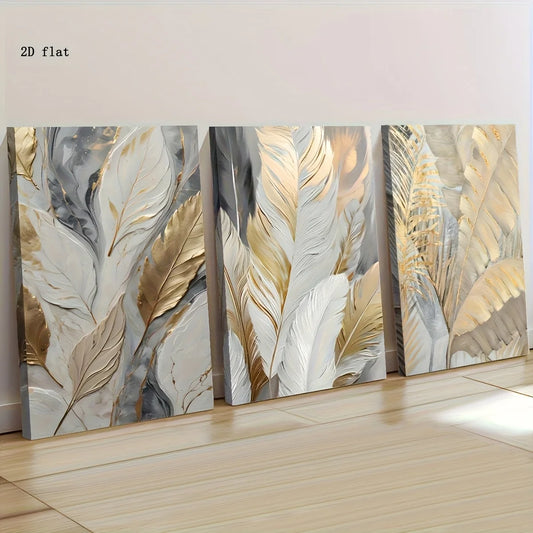 3PC Abstract Golden White Feather Leaf Canvas Poster Picture Wall Modern Living Room Decoration Dining Room Home Decoration