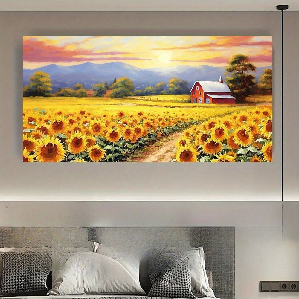 Rustic Sunflower Field Poster and Prints Modern Farmhouse Landscape Canvas Painting Wall Art Picture for Living Room Home Decor