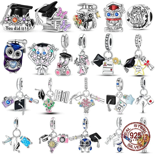 925 Sterling Silver Charms Bachelor's Cap Graduate Beads Pendant Fit Original Bracelet DIY Bead Gift for Graduation Ceremony