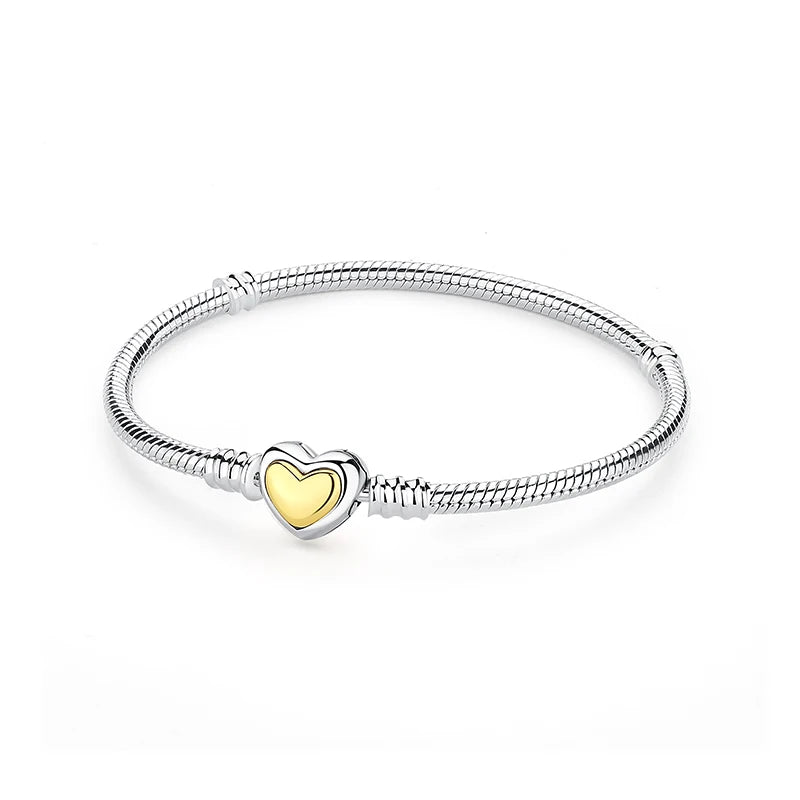 Original 925 Sterling Silver Bracelet For Women Charms Beads Rose Gold Heart Bracelets Bangles Snake Chain Luxury Jewelry Gift