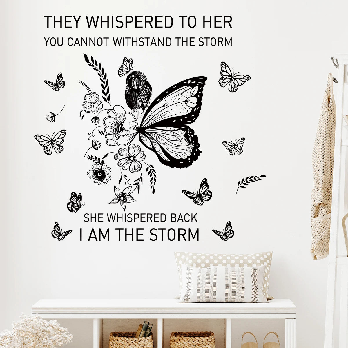 Inspirational Phrases”I Am The Storm..“Flower Vine Butterfly Art Wall Stickers for Bedroom Living Room Decoration Wall Decals