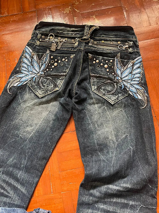 American Fashion High Street Large Size Butterfly Embroidered Women Jeans Y2K Millennium Harajuku Slim Flared Jeans
