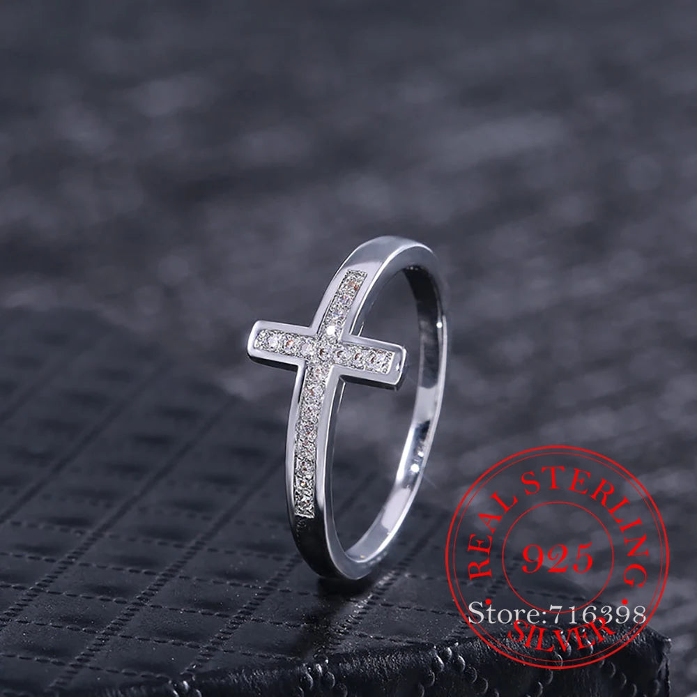 Original 925 Sterling Silver Cubic Zircon Cross Rings for Women Men Fashion Women's Jewelry Party Wedding anillos Gift