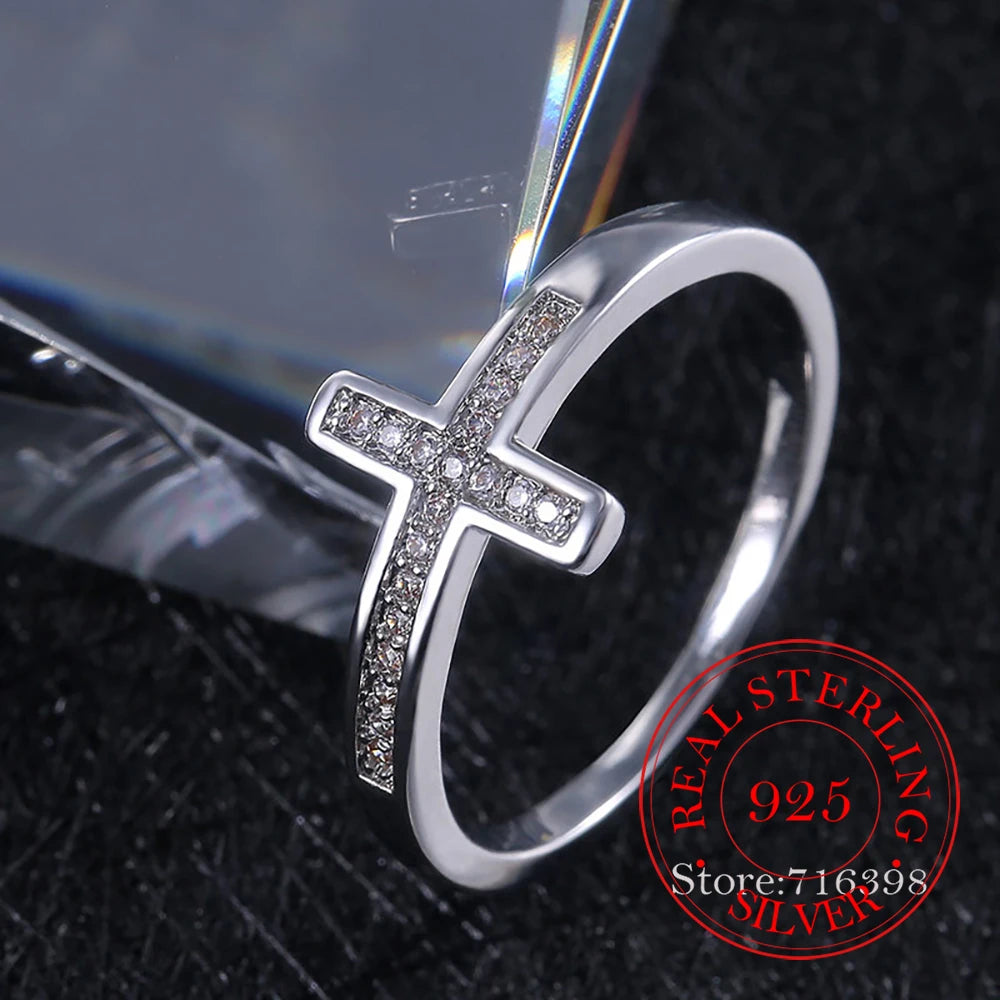 Original 925 Sterling Silver Cubic Zircon Cross Rings for Women Men Fashion Women's Jewelry Party Wedding anillos Gift