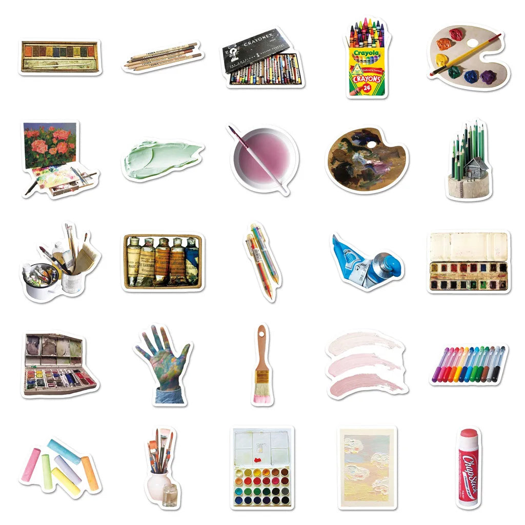 50 Pcs Art Stickers  Paintbrushes & Painting Tools Themed Artistic Creative Stickers Waterproof Decor Decals