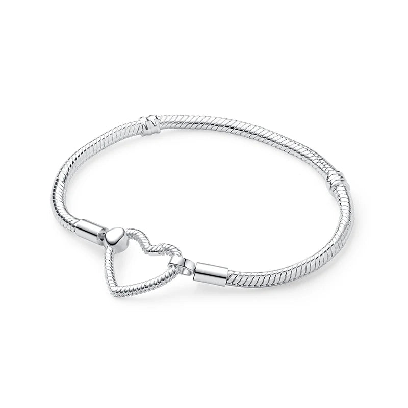 Original 925 Sterling Silver Bracelet For Women Charms Beads Rose Gold Heart Bracelets Bangles Snake Chain Luxury Jewelry Gift