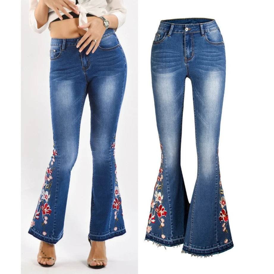 Jeans Flare Pants Women Boot Cut Embroidery Full Length Pockets Distressed Mid Waist Washed Vintage Streetwear Denims Trousers