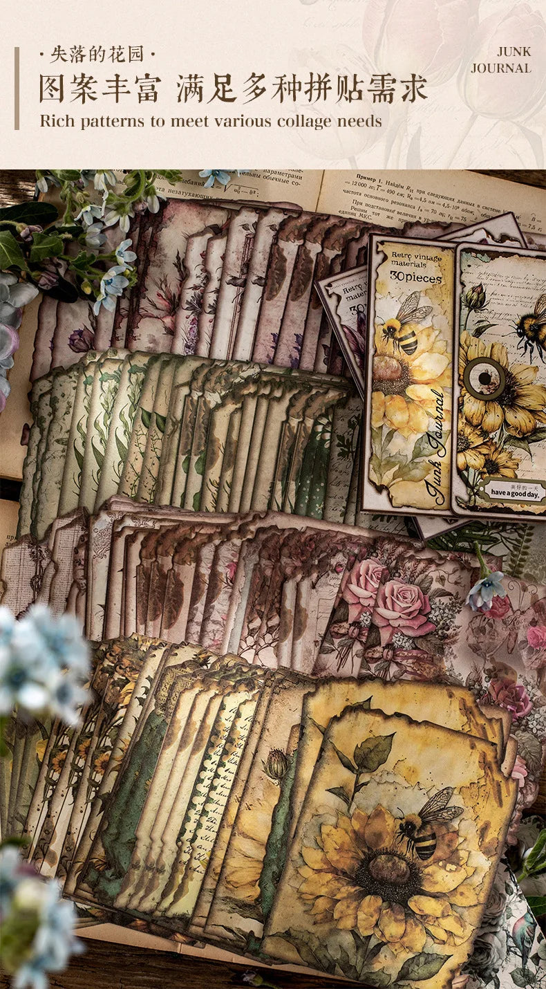 30pcs/pack Vintage Materials Paper Lost Garden Series DIY Scrapbooking Deco Junk Journal Planner Collage Photo Album Craft Paper