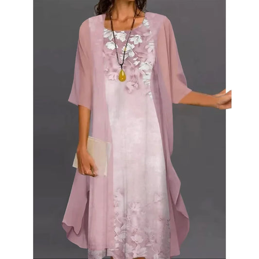 2026 Europe and the United States summer women's casual dress two-piece floral print round collar repair maxi