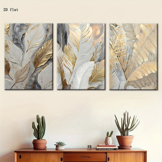 3PC Abstract Golden White Feather Leaf Canvas Poster Picture Wall Modern Living Room Decoration Dining Room Home Decoration